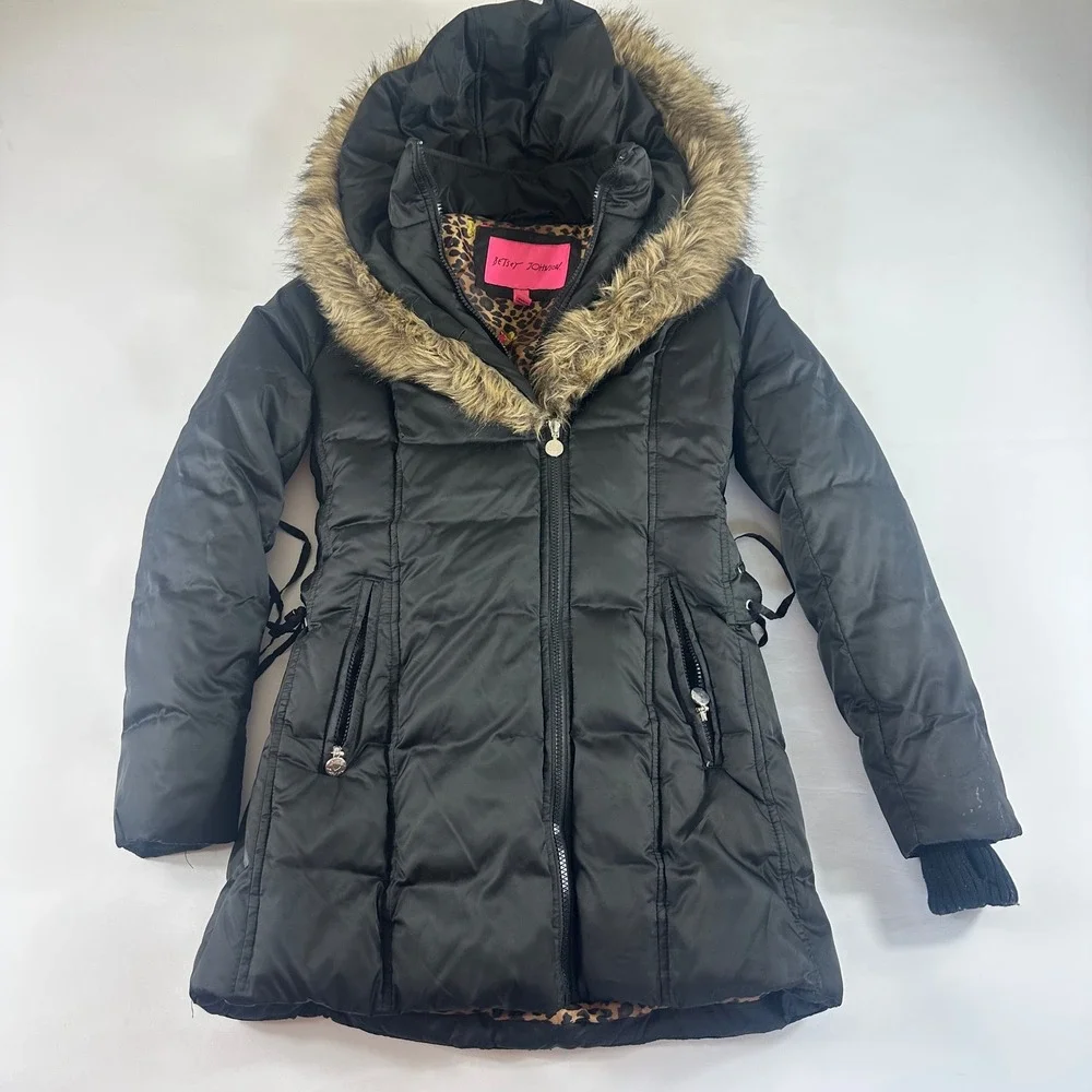 Betsey Johnson Youth Medium High Black Puffer Coat Faux Fur Hood Leopard‎ Lining